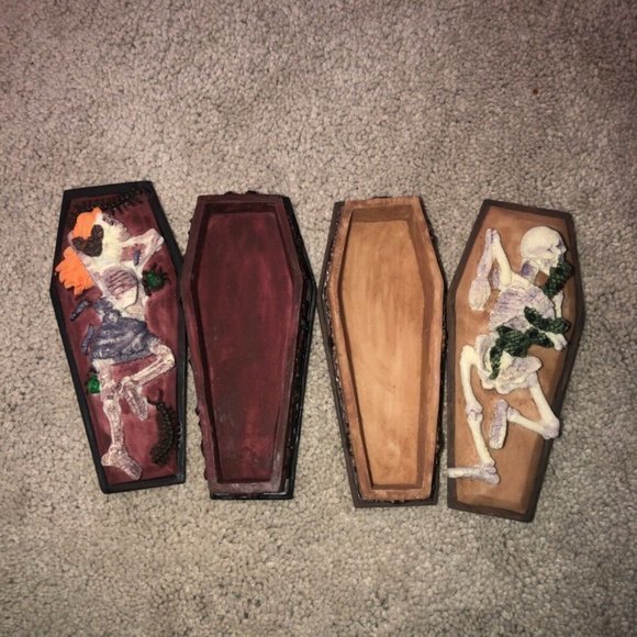 Halloween Gothic Goth‎ Skeleton Coffin Casket Trinket Ring Box Set (2) New - Picture 3 of 12